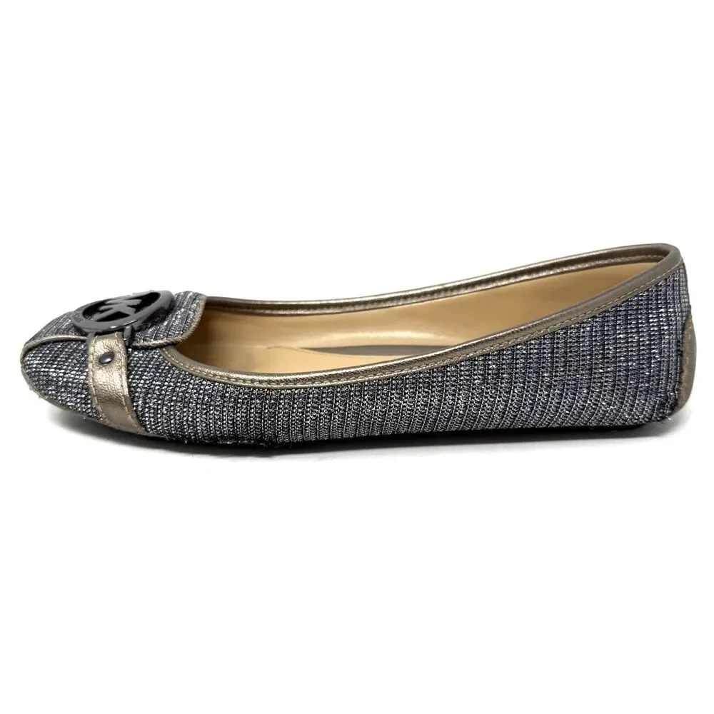 Michael Kors Fulton Ballerina Flat Womens Sz 7 Signature Silver Gold Sparkle Moc